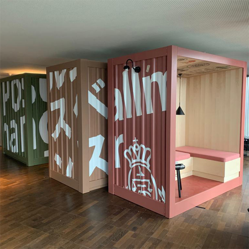 Loungecontainer, Container, Separee, Exklusivbereich, VIP, Kommunikationstheke, Terrazo Optik, Kunststeinplatte, Pagode, Vorhänge