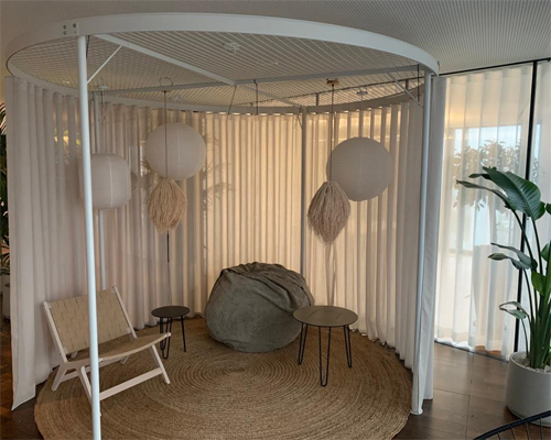 Loungecontainer, Container, Separee, Exklusivbereich, VIP, Kommunikationstheke, Terrazo Optik, Kunststeinplatte, Pagode, Vorhänge